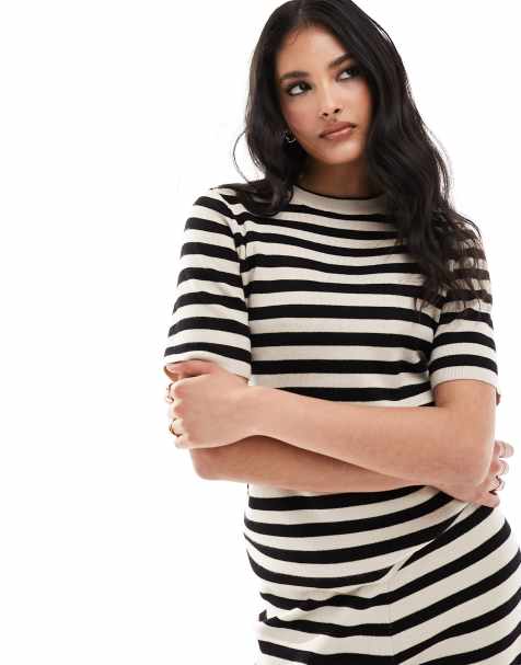 Object - T-shirt d'ensemble rayé en maille à manches courtes - Noir et blanc - view 1