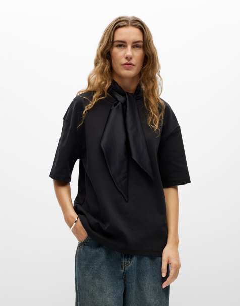 Object Tibi jersey oversized high neck 2/4 sleeves stretch drop shoulder top in black