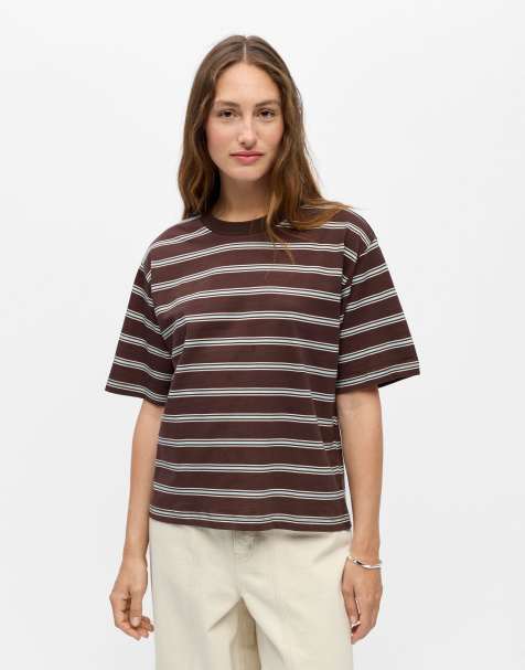Object Gima striped jersey loose fit crew neck short sleeve stretch t-shirt in seal brown