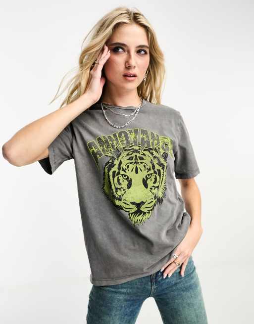 Object - T-shirt met wassing en limoenkleurige tijgerprint op de voorkant