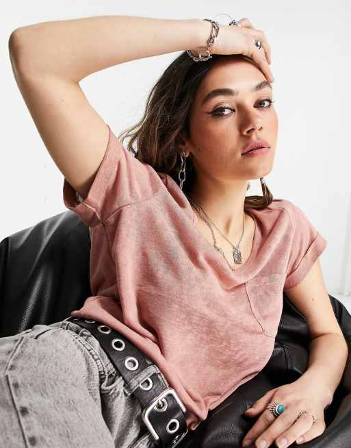 Object – T-Shirt mit V-Ausschnitt in Rosa