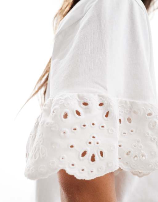 Object - T-shirt squadrata color crema con maniche in pizzo, 2 di 4