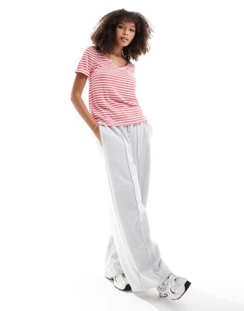 Object – T-shirt w różowo-białe paski z dekoltem w kształcie litery V - view 1