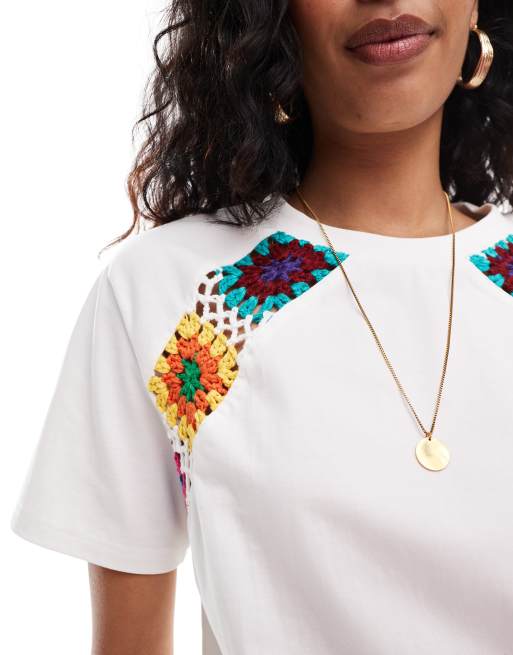 Object t-shirt with rainbow crochet panels in white, 2 of 4