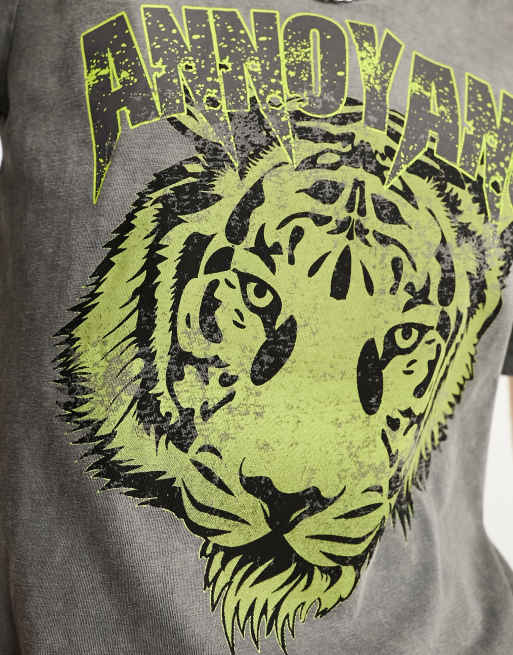 Object – T-shirt z efektem sprania z nadrukiem tygrysa w limonkowym kolorze, 4 z 4