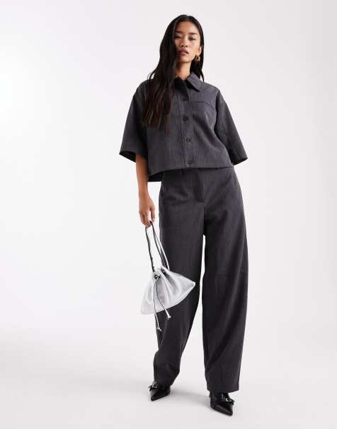 Object tailored boxy short sleeve blazer shirt and pants set in dark gray melange - view 1