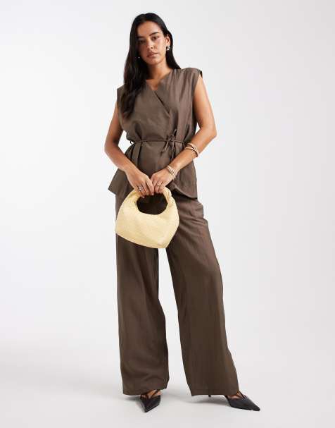 Object tailored tie waist vest and wide leg pants set in morel brown - view 1