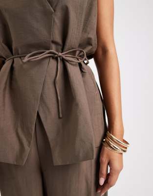 Object Tailored Tie Waist Vest In Brown