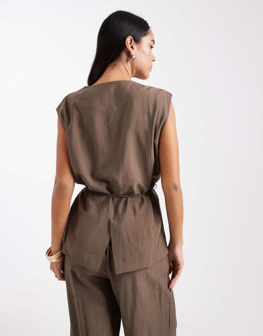 Object tailored tie waist waistcoat co-ord in morel, 4 of 4