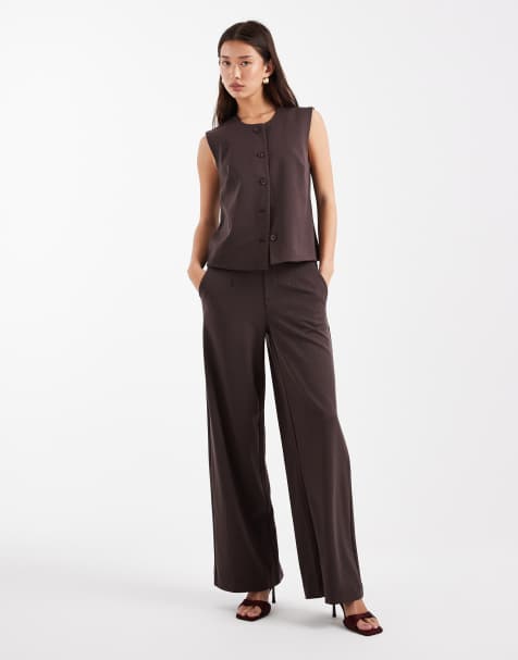 Object tailored vest and wide leg pants set in chocolate - view 1