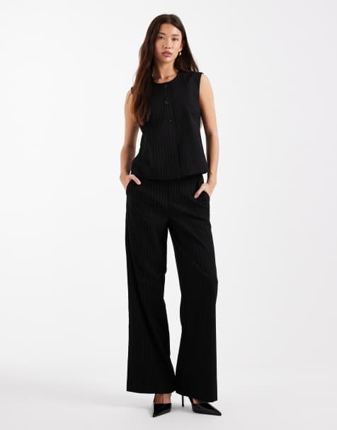 Object tailored waistcoat and wide leg pants set in black with grey pinstripe - view 1