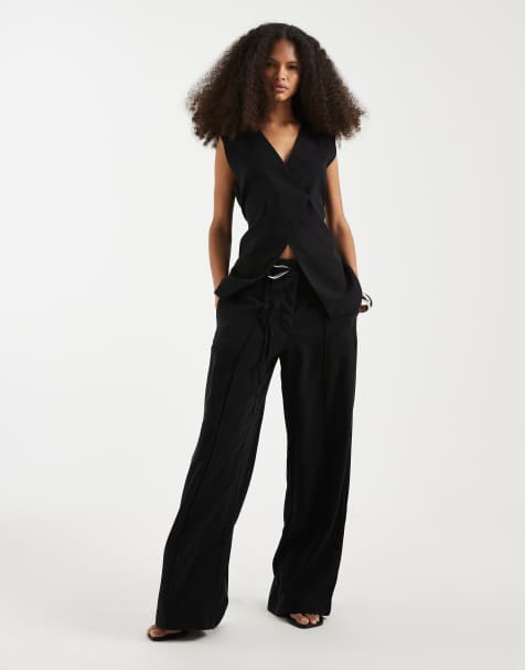 Object tailored wrap waistcoat and wide leg trousers set with hardwear details in black - view 1