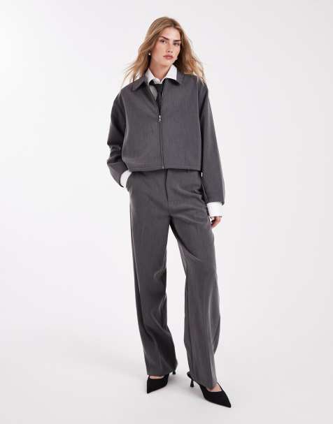 Object tailored zip up jacket and wide leg trouser set in grey melanage - view 1