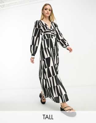 Object Tall Button Through Midi Dress In Mono Abstract Print-Multi