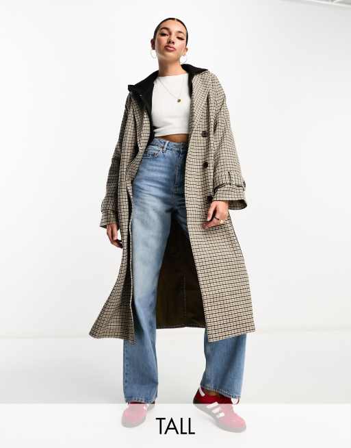 Object Tall formal wool belted trench coat in neutral check