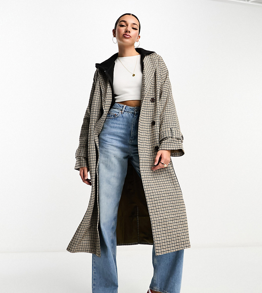 Object Tall Formal Wool Belted Trench Coat In Neutral Plaid
