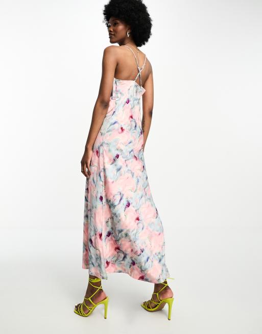 Object Tall satin slip midi dress in blurred pink watercolour print