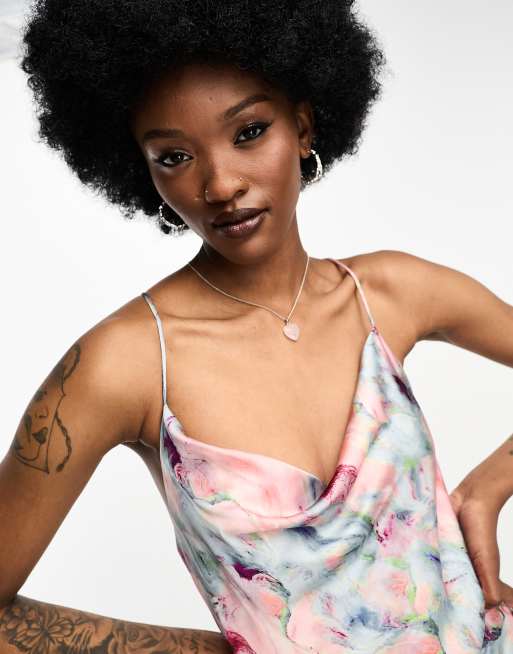 Object Tall satin slip midi dress in blurred pink watercolour