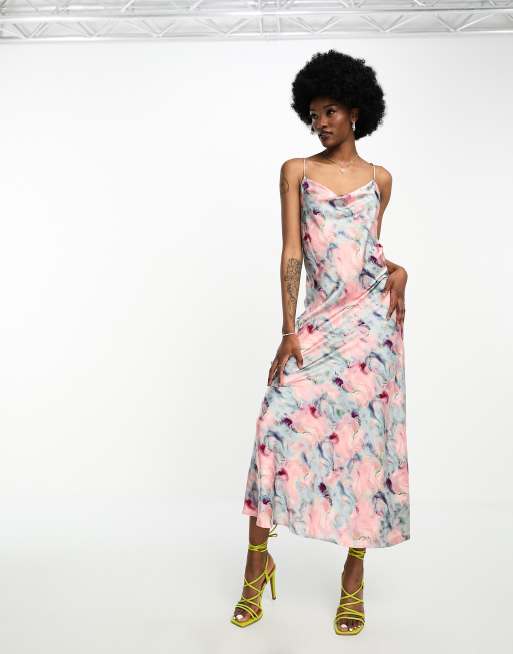 Object Tall satin slip midi dress in blurred pink watercolour print