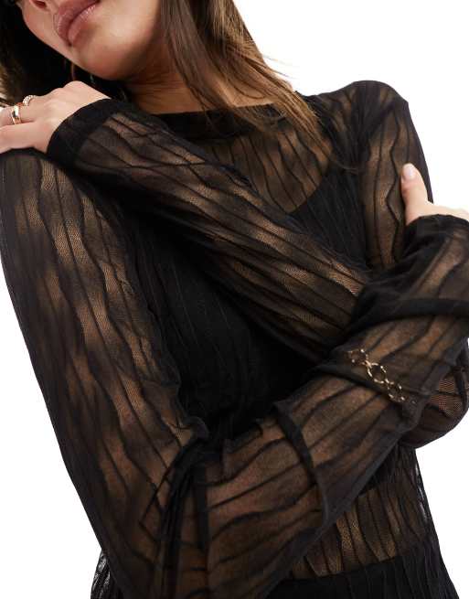 Object Tall textured sheer long sleeve maxi dress in black