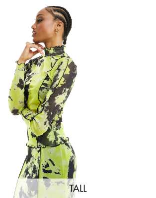 Object Tall lettuce edge mesh top co-ord in mixed lime print - ASOS Price Checker