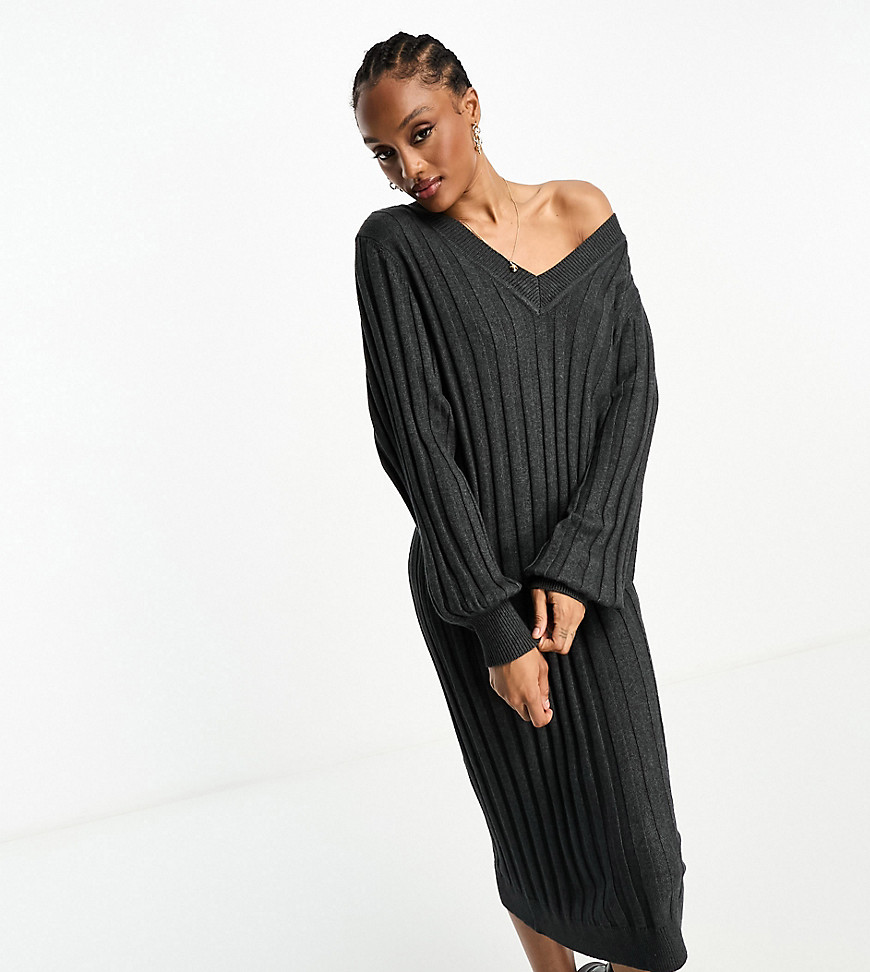 Object Tall v neck knitted ribbed jumper dress in dark grey