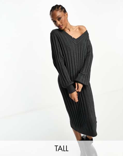 Object Tall - Vestito maglia a coste grigio scuro con scollo a V - view 1