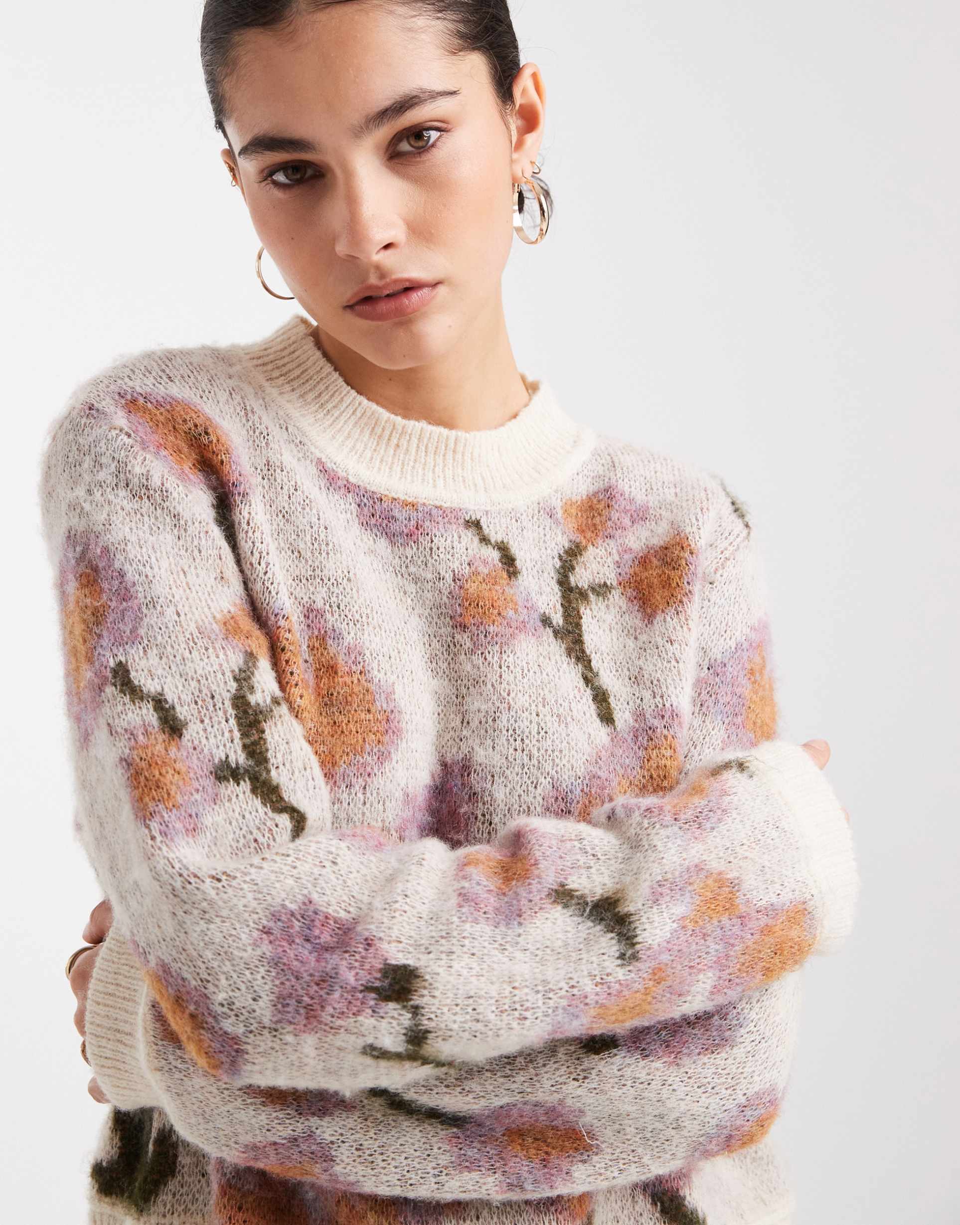 object tapestry floral knit sweater in cream