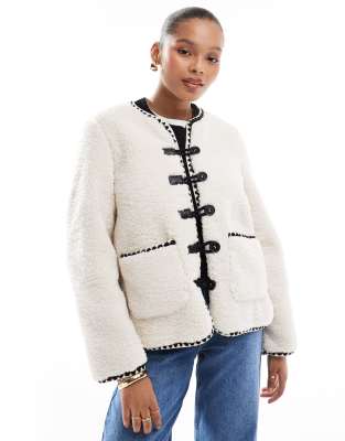 teddy fleece contrast trim jacket in cream-White