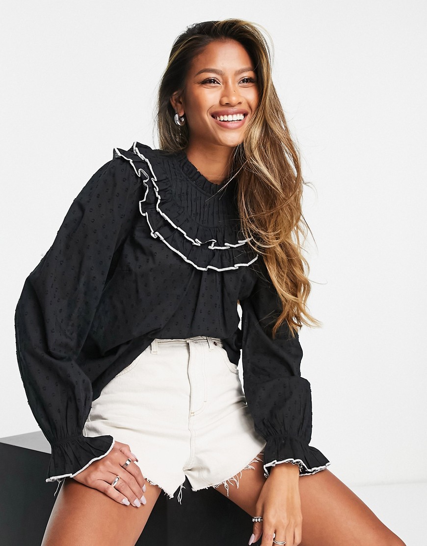 Object textured blouse with high neck and frill detail in black