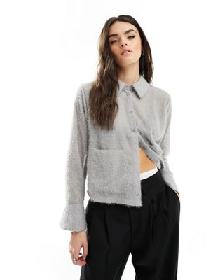 Object textured boxy cropped shirt in light grey