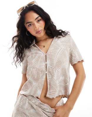 Object Object textured button front polo top with lettuce edge co-ord in neutral palm print-Multi