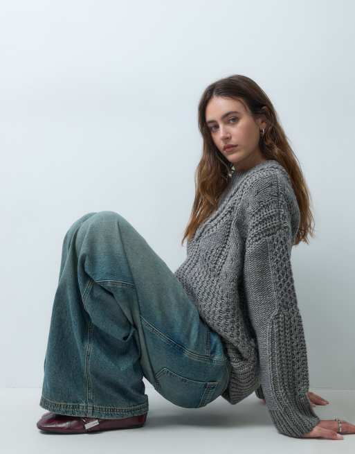 Object textured crew neck jumper knit jumper in grey melange, 3 of 4