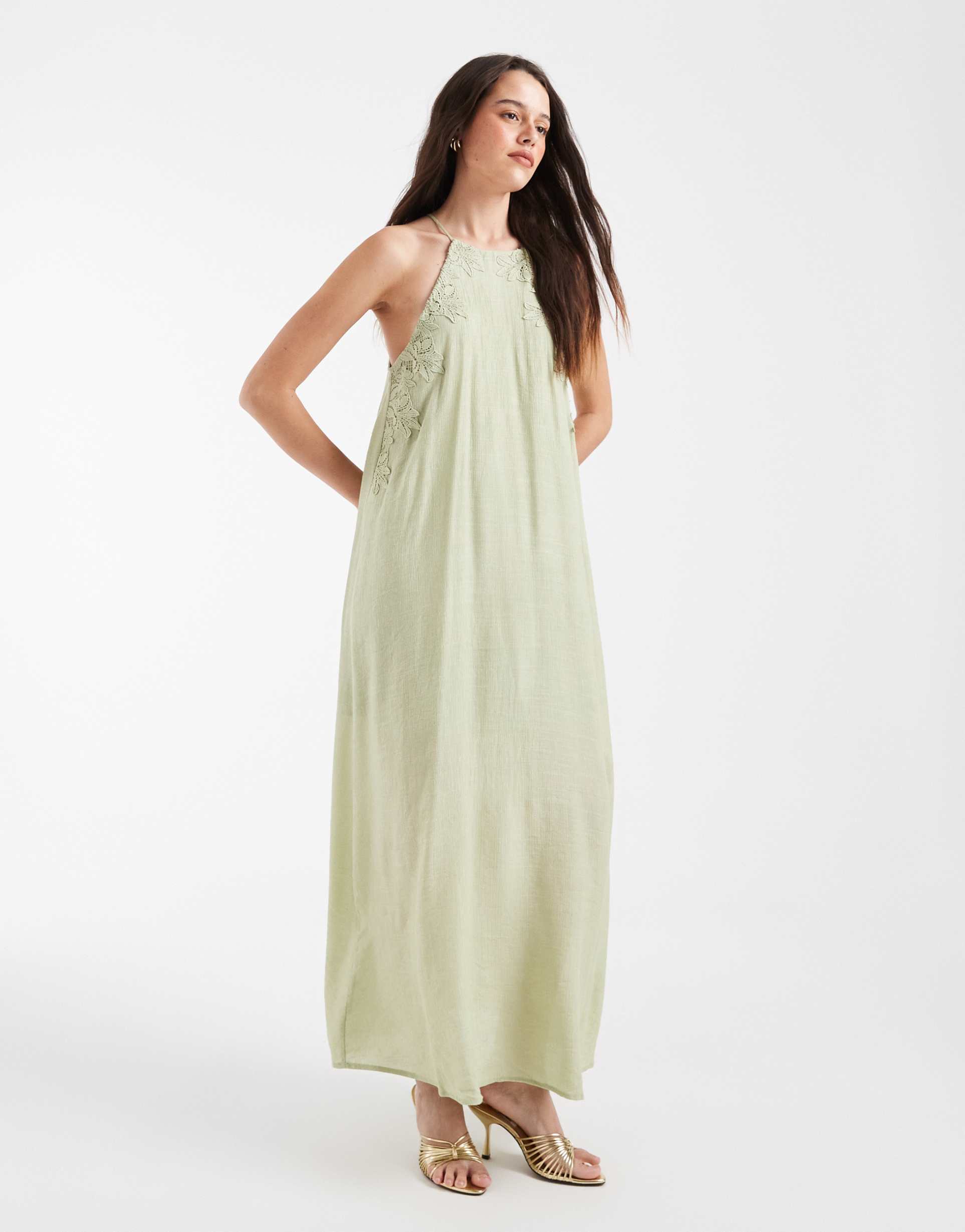 object textured halter neck maxi dress with embroidery in sage green