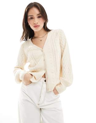 textured pointelle cardigan in cream-White