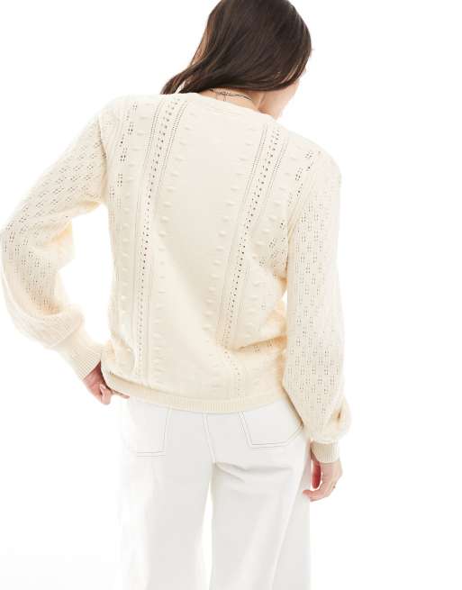 Object textured pointelle cardigan in cream, 3 of 4