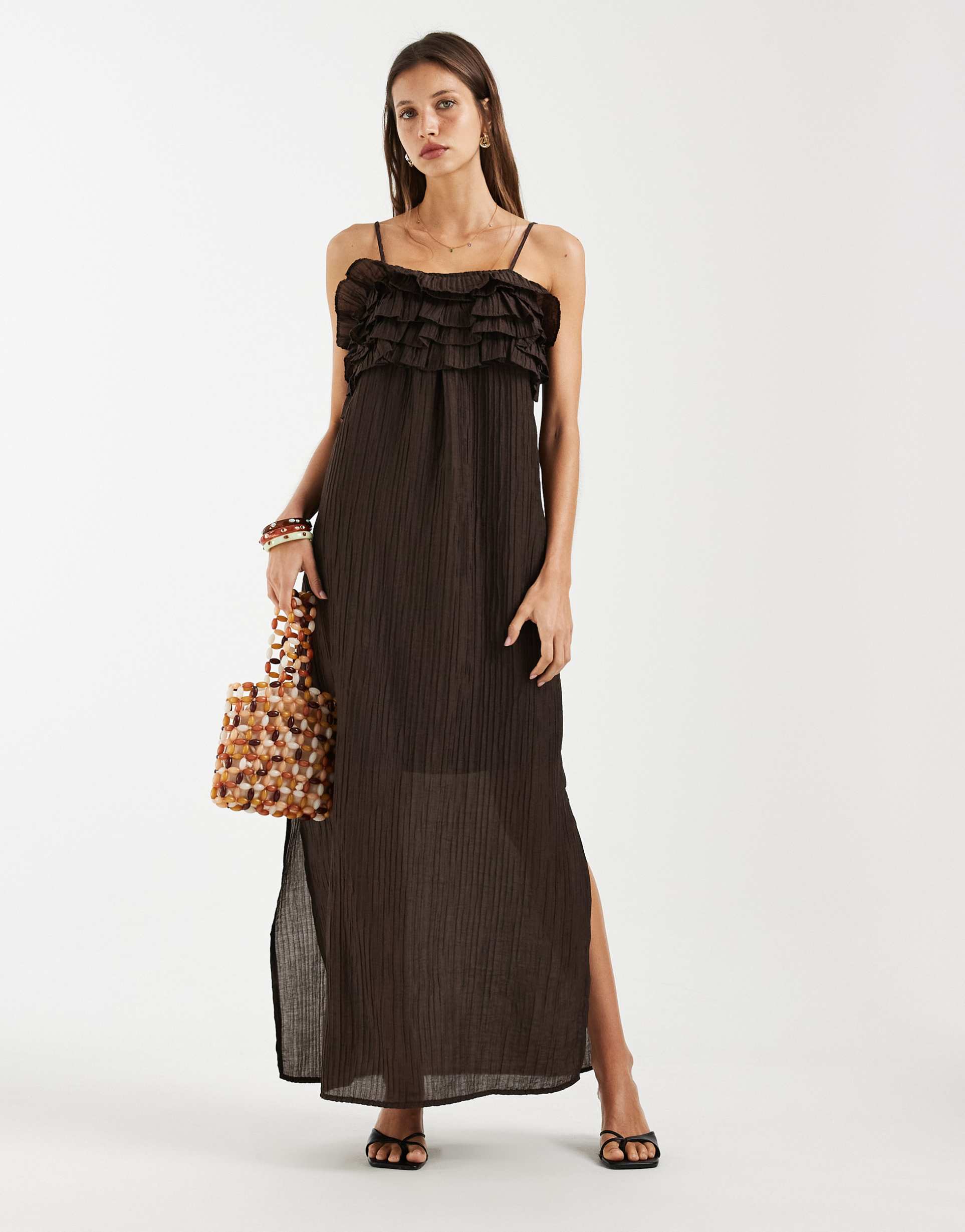 object textured ruffle layered detail cami maxi dress in chocolate