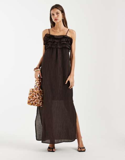 Object textured ruffle layered detail cami maxi dress in chocolate