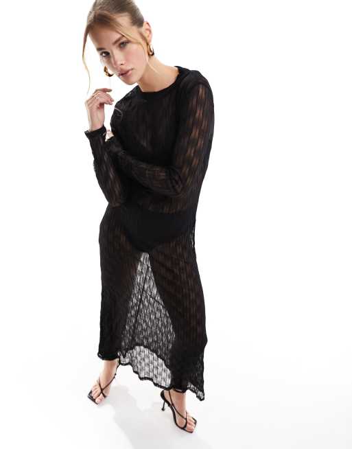 Plus Black Textured Mesh Long Sleeve Maxi Dress