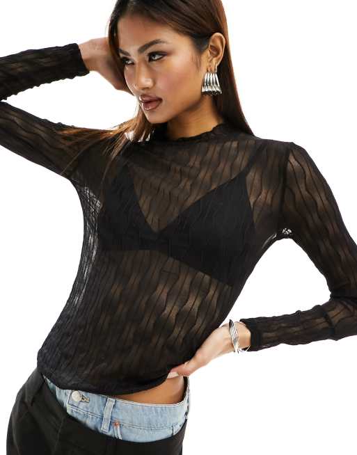 Black Sheer Textured Long Sleeve Top, Tops