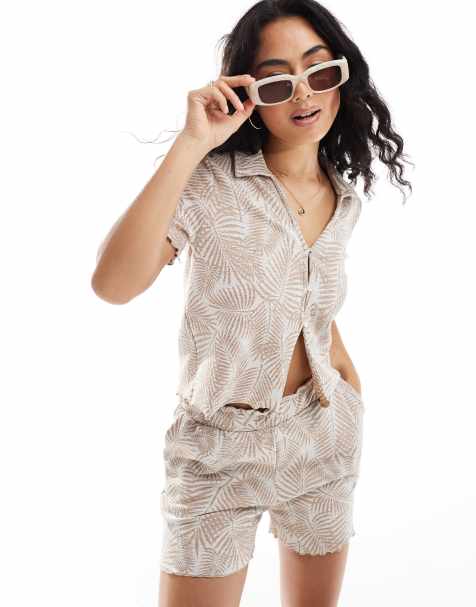 Object textured shorts with lettuce edge co-ord in neutral palm print - view 1