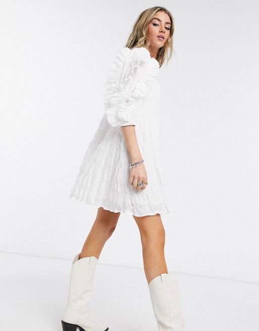 Object textured smock dress with oversized ruffle sleeve in white