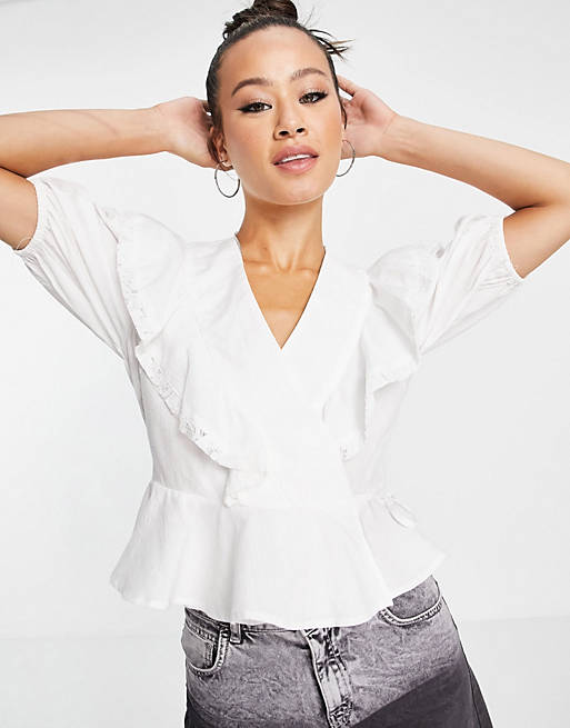 Object textured wrap top with ruffle detail in white