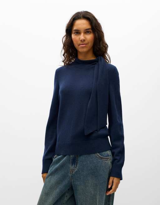 Object Thess maglione lavorato a maglia girocollo con dettaglio annodato e spalle scese blu, 1 di 5