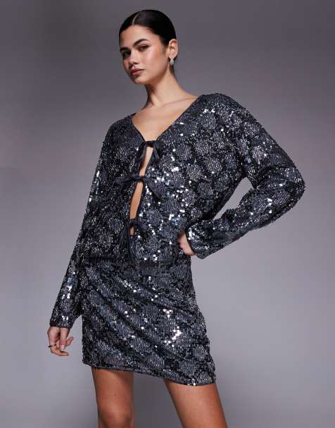 Object tie front contrast sequin top and mini skirt set in dark silver - view 1