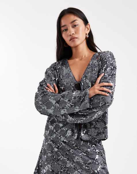 Object tie front contrast sequin top co-ord in dark silver - view 1