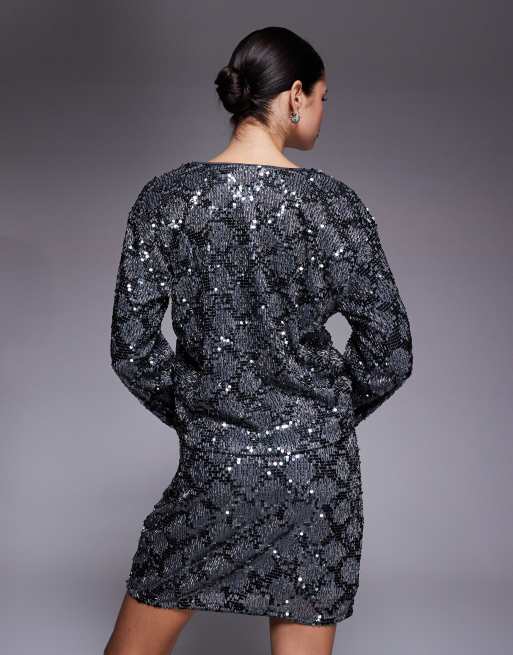 Object tie-front contrast sequin top in dark silver (Part of a set), 4 of 4