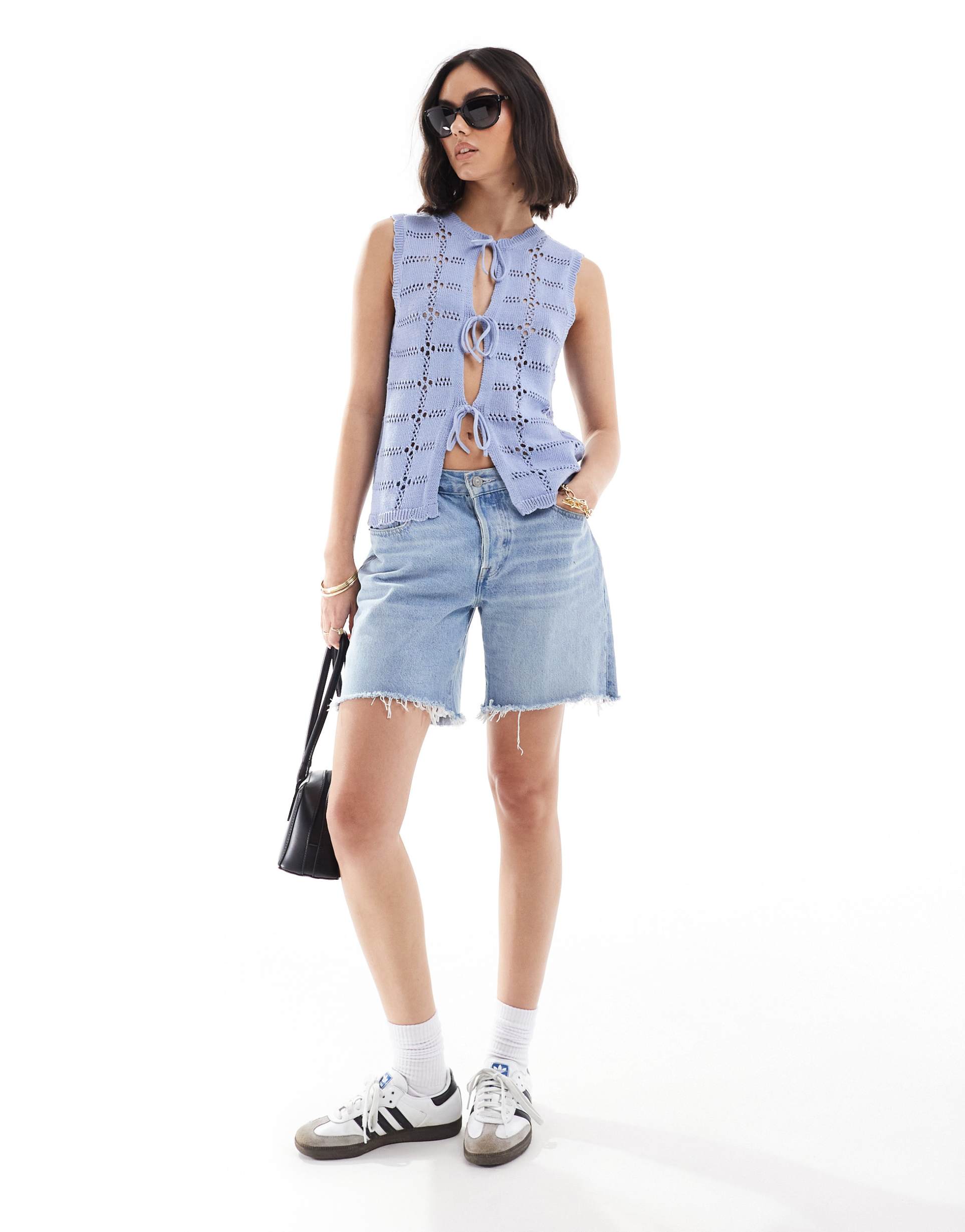 object tie front knit top in pastel blue