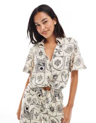 Object Object tie front shirt co-ord in mono shell print-White