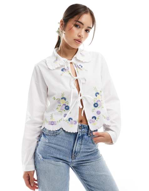 Object tie front shirt with floral embroidery in white   - view 1